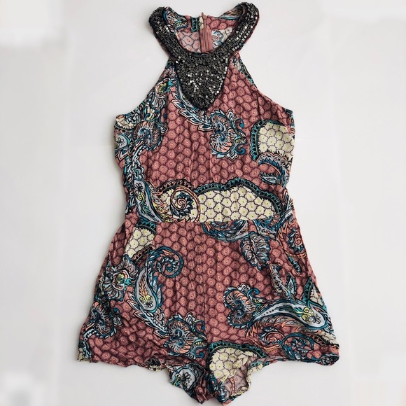 💗Matilda Paisley Print Romper Beaded Neckline - Picture 3 of 16